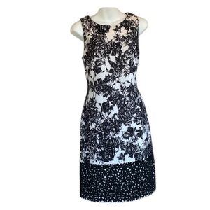 SLNY SL New York sleeveless sheath, cream, black roses, laser cut trim. 8